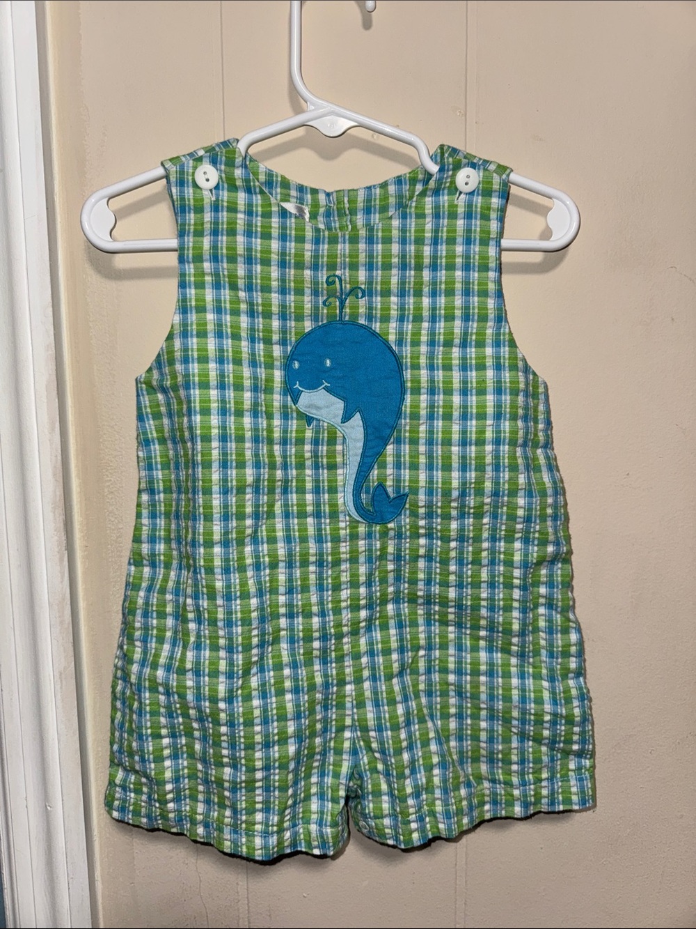 Green Plaid Whale Appliqué Kids One-Piece Romper